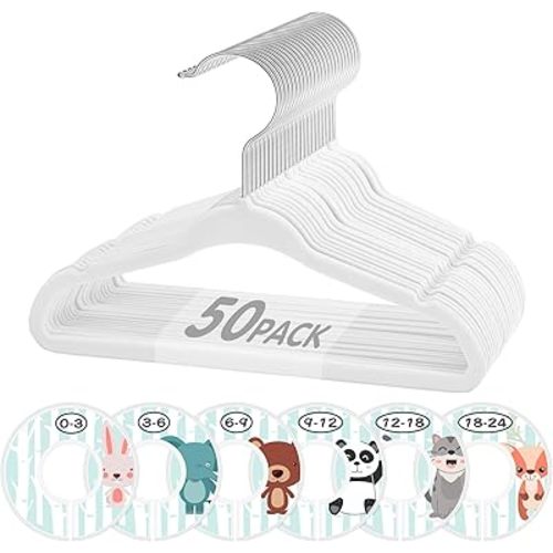VIS'V Baby Hangers, 11 Inch Velvet Kids Hangers with 6 Pcs Clothes Size Dividers, Infant Toddler Nursery Closet Organization, Non Slip, White, 50 Pcs