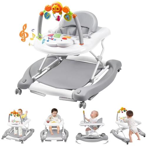 Baby Walker with Wheels, 5 in 1 Baby Walkers for Boys Girls 6-12 Months, Foldable Walker Baby with Bouncer & Feeding Tray, Music, Adjustable Heights