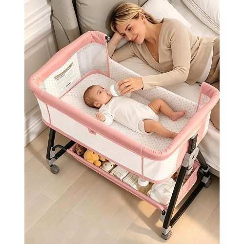 Baby Bassinets Bedside Sleeper with Wheels and Mattress, Cosleeping Baby Bed with Storage, Co-Sleeper Bassinet Attach to Bed, Bed Side Crib with Breathable Mesh, Height Adjustable (Pink)
