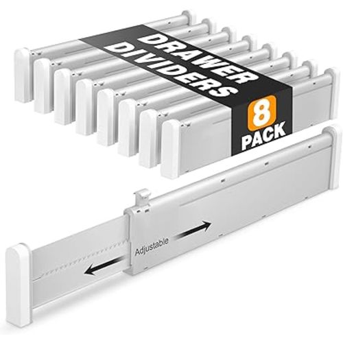HiYZ Expandable Drawer Dividers - 12.6-22.8'' Adjustable Drawers Organizers for Kitchen Utensils, Drawer Separators in Bedroom, Dresser, Office, Bathroom, Fridge, 8 Pack Long Dividers-Gray