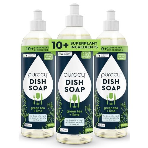 Puracy Natural Dish Soap - Skin-Softening Plant-Based Dishwashing Soap, Non-Toxic Dish Soap, Organic Liquid Dishwashing Detergent Soap (Green Tea & Lime, 16 fl oz, 3 Pack)