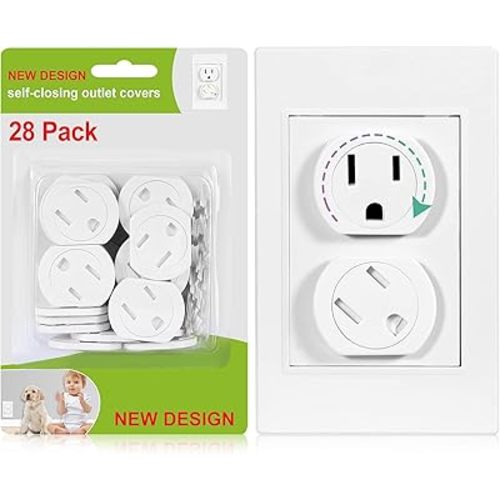 Outlet Covers (28 Pack) Self-Closing Child Proof Socket Covers 3-Prong Swivel Outlet Plug Covers Upgraded Adhesive Installation Comes with Extra Sticker Electrical Outlet Protectors for Baby