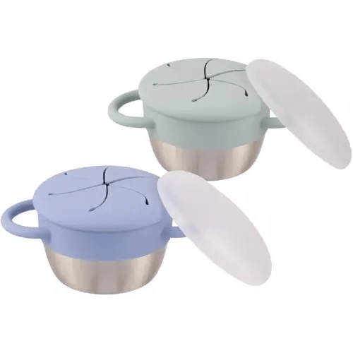 Elk and Friends Stainless Steel Snack Cups – Pack of 2 | Removable Silicone Food Catcher and Travel Lid | Spill-Proof Snack Containers for Baby, Toddler, Kids | Dishwasher Safe, Food Grade Silicone