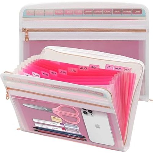 13 Pocket Zippered Expanding File Folder, Accordion File Organizer for Documents Letter Size A4 Papers (Pink)