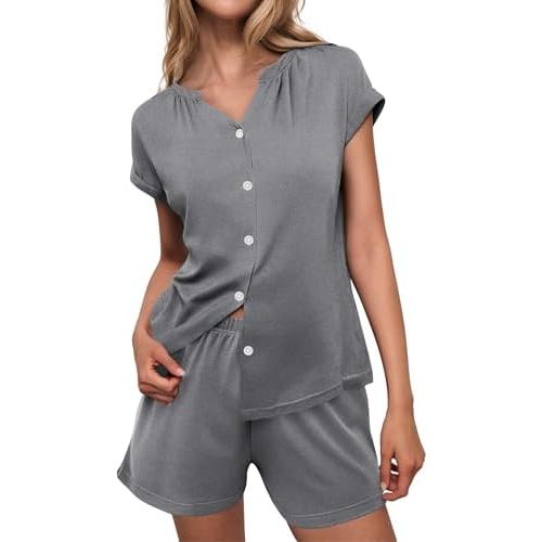 Ekouaer Pajamas for Women Set Button Up Pj Sets Soft V Neck Short Sleeve Sleepwear 2 Piece Loungewear
