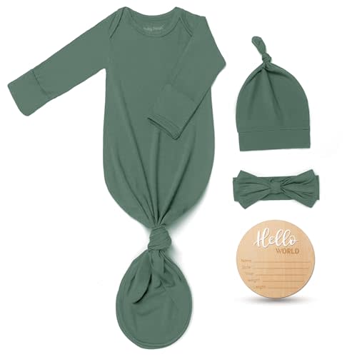 Hello World Newborn Knotted Gown 0-3 Months, Coming Home Outfit Baby Bamboo Viscose Sleeper with Hat,Headband,Wooden Sign