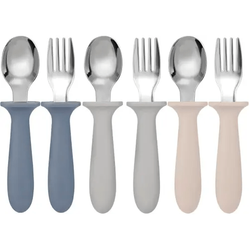 Toddler Forks and Spoons Set, 6 Pack Kids Silverware with Silicone Hand, 18/8 Stainless Steel Children Safe Toddler Utensils, BPA Free, Dishwasher Safe