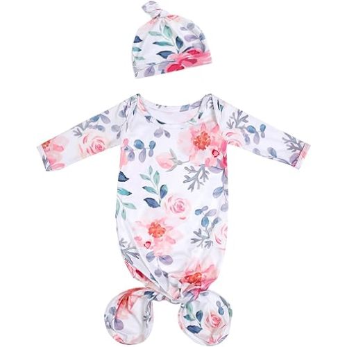 MVUOCR Newborn Baby Girl's Knotted Gowns Floral Baby Sleeper Infant Nightgowns Gift and Soft Coming Home Outfit with Hat