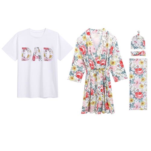 AWIBMK Mom and Me Robe and Swaddle Set and T-Shirt Hospital Labor Delivery Swaddling with Headband Hat for Mom Dad Baby