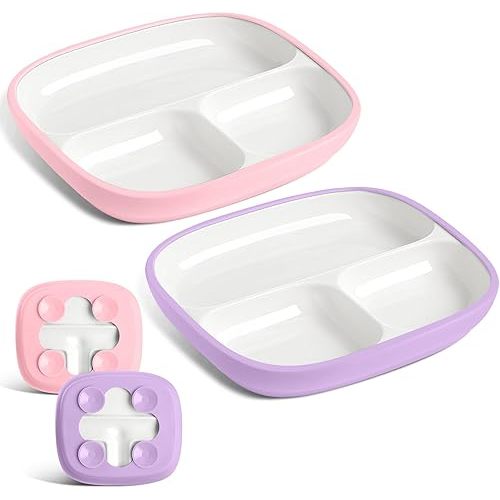 Domensi 2 Set Kids Porcelain Plates with Silicone Sleeves 8.2 Inch Divided Porcelain Plate Toddler White Suction Dishes for Baby Troubleless Eating Microwave Dishwasher Safe (Classic)