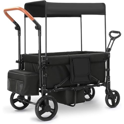 Stroller Wagon for 2 Kids, Foldable All Terrain Wagon for Kids, with Removable Canopy, Adjustable Push and Pull Handle, 5 Point Harnesses, Large Storage Bag (Black)
