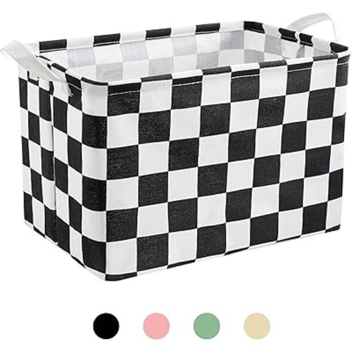 Black White Checkered Canvas Basket, Rectangular Organizing Decorative Storage Basket for Kids Dog Toy, Cute Aesthetic Checkered Room Decor for Home, Kitchen, Bedroom, Classroom, Shelves