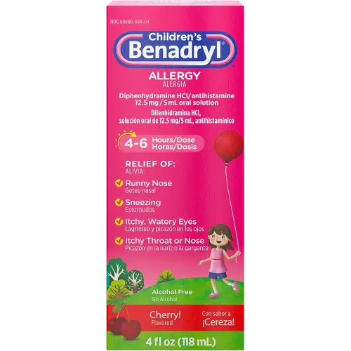 Benadryl Children's Allergy Relief Liquid Medicine with Diphenhydramine HCl, Kids' Allergy Syrup for Allergy Symptoms Like Runny Nose, Itchy Eyes & More, Cherry Flavor, 4 fl. oz