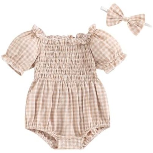 Karuedoo Newborn Baby Girl Clothes Plaid Smocked Bubble Romper Puff Sleeve Pleated Bodysuit Jumpsuit Headband Summer Outfit