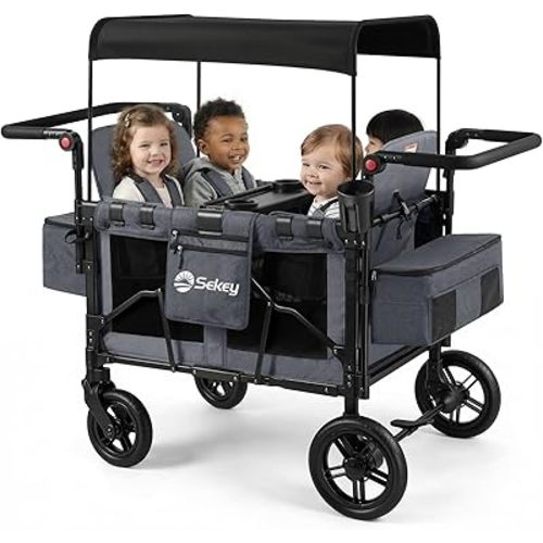Sekey 4 Seater Stroller Wagon for Kids - Premium Quality with Convertible Seats, Adjustable Push Handles, Removable Canopy, Snack Tray & Cooler, US Certified.