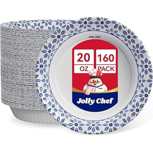 JOLLY CHEF 160 Count Paper Bowls 20 oz Soak Proof, Heavy Duty Printed Disposable Bowls Bulk for Dinner or Lunch