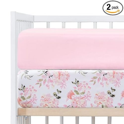 Crib Sheets Girl 2 Pack Set, 2 Pack Toddler Bed Sheets Set, Floral Print Fitted Crib Sheet for Standard Crib & Toddler Mattress