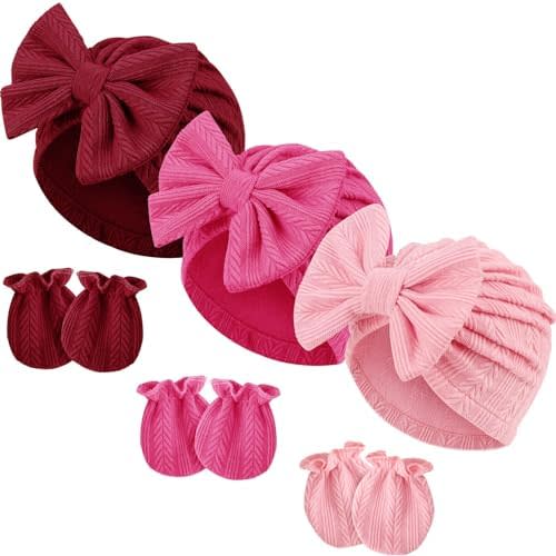 BQUBO Newborn Baby Hospital Hats Beanie Bow Infant Caps Baby Cotton No Scratch Mittens Set for 0-6 Months