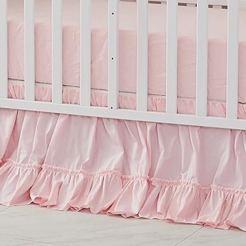 Brandream Crib Bed Skirt for Baby Girls Boys Blush Pink Boho Bohemian Solid Cotton Toddler Bedskirt Farmhouse Chic Ruffle