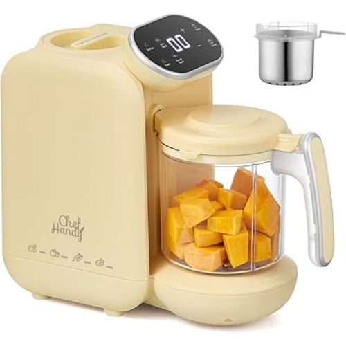 Chefhandy Baby Food Maker, Steamer & Blender with Stainless Steel Basket, Puree Maker with Auto/Manual Blend, Bottle Warmer & Sterili-zer, Safe & Easy-to-Clean Compact Baby Food Processor (Yellow)