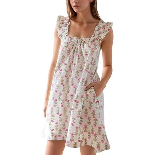 Flygo Nightgowns for Women Ruffle Sleeveless House Dresses Floral Print Sleep Dress Nightdress Sleepwear with Pockets
