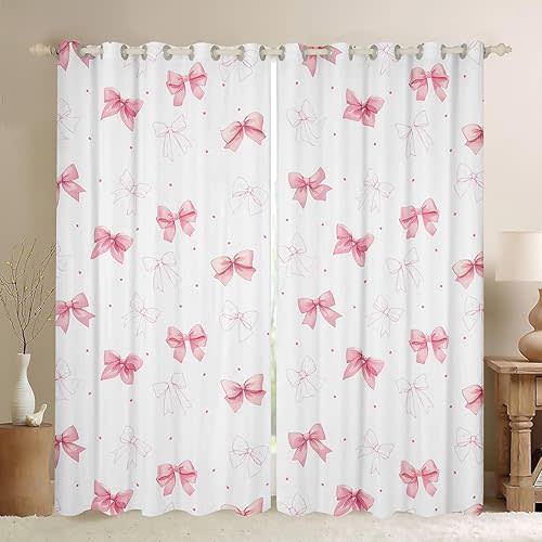 Feelyou Pink Bow Curtains Cute Ribbon Bowknot Window Drapes Treatments for Kids Boys Girls Bow Tie Window Drapes Dreamy Princess Window Treatments, 52W X 63L,2 Panels,30%-50% Blackout