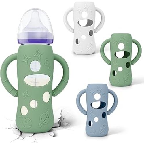 BUSOHA 3 Pack Silicone Sleeves for Lansinoh Glass Baby Bottles - Wide Neck Baby Bottles Sleeves for Lansinoh Bottles Baby Anti-Colic Bottles Holder with Handle Silicone Protector,8 oz