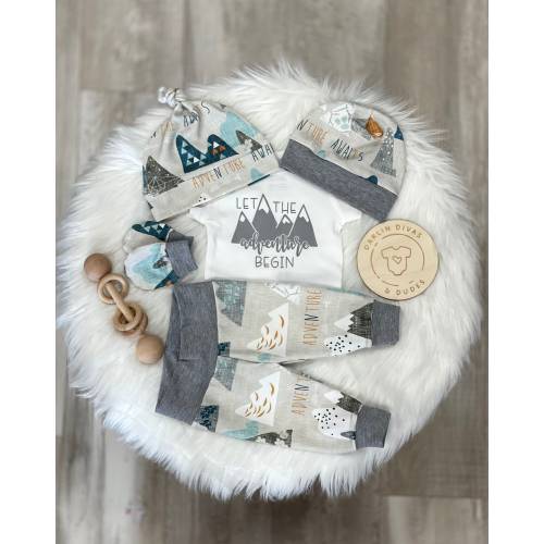Boys Coming Home Outfit, Let the Adventure Begin Baby Boy Outfit, Take Home Newborn Outfit, Baby Shower Gift, Boy Layette and Hat Set
