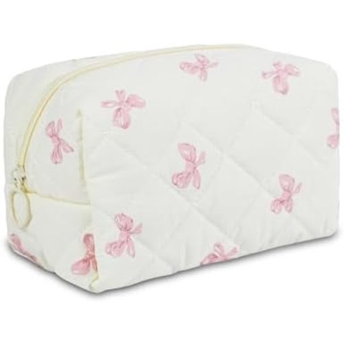 Quilted Makeup Pouch,Cotton Puffy Makeup Bag, Coquette Cosmetic Bag for Women and Girls, Aesthetic Organizer Bag, Cute Flower Travel Toiletry Bag