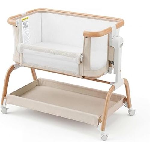 3 in 1 Baby Bassinet,Rocking Bassinets Bedside Sleeper with 6 Adjustable Heights,Breathable Full-Mesh,Comfortable Mattress & Lockable Wheels,Stable Rolling Portable Crib for Newborns(Beige)