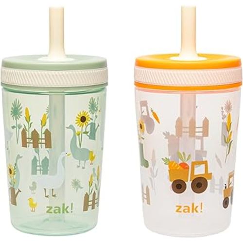 Zak Designs Kelso Toddler Cups For Travel or At Home, 15oz 2-Pack Durable Plastic Sippy Cups With Leak-Proof Design is Perfect For Kids (Silly Goose, Harvest)