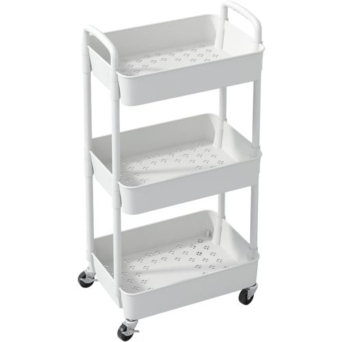 Sywhitta 3-Tier Plastic Rolling Utility Cart with Handle, Multi-Functional Storage Trolley for Office, Living Room, Kitchen, Movable Storage Organizer with Wheels, White