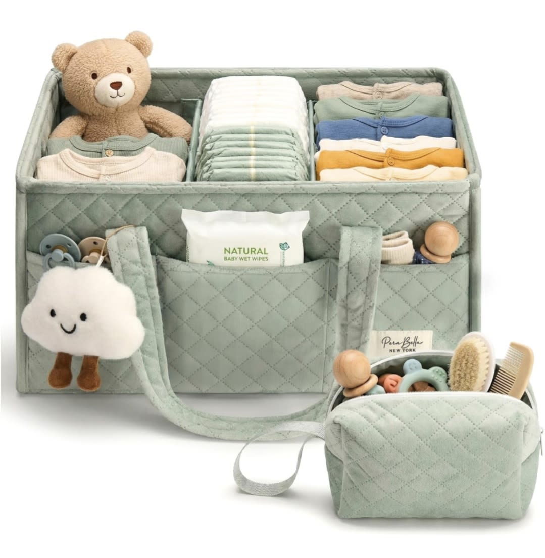 PeraBella Baby Diaper Caddy Organizer, Baby Basket Shower Gift, Portable Changing Table Basket, Postpartum Caddy & Tote Bag Pouch, Newborn Boy & Girl Nursery Essentials Registry, Car Diaper Organizer