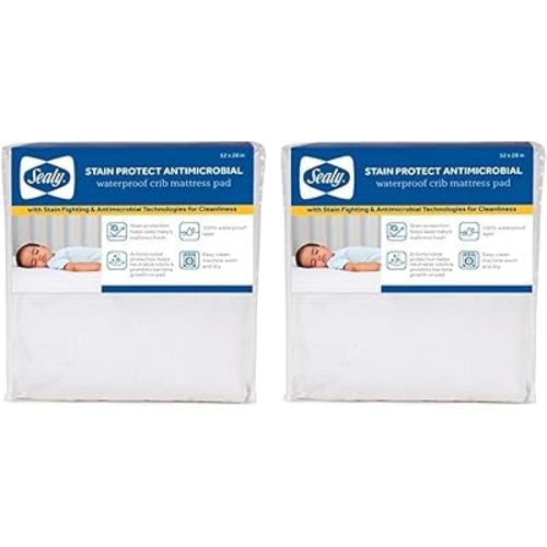 Sealy Baby Stain Protect Antimicrobial Fitted Waterproof Infant Crib Mattress Protector Pad and Toddler Bed Cover, Durable and Comfortable Topper, Machine Washable & Dryer Friendly, 52” x 28”- White