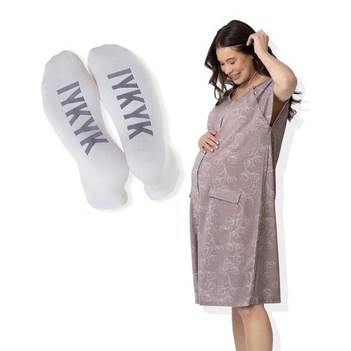 Kindred Bravely Labor & Delivery Gown (Lilac Bloom, S-M-L) & IYKYK Labor & Delivery Socks Bundle