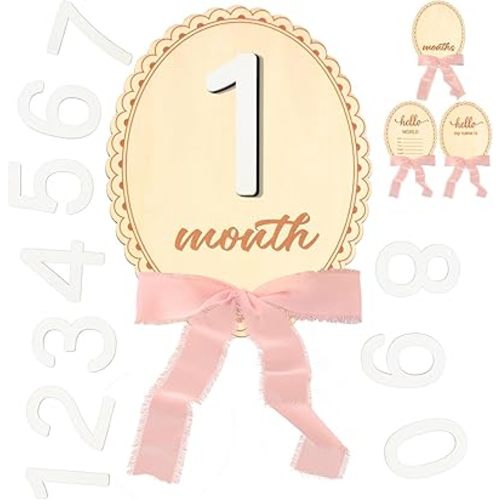 2 pcs Baby Monthly Milestone Cards with Pink Bow Wooden Monthly Milestone Discs Coquette Discs to Document Your Baby's Growth Newborn Gift for Girl and Boy(Oval)