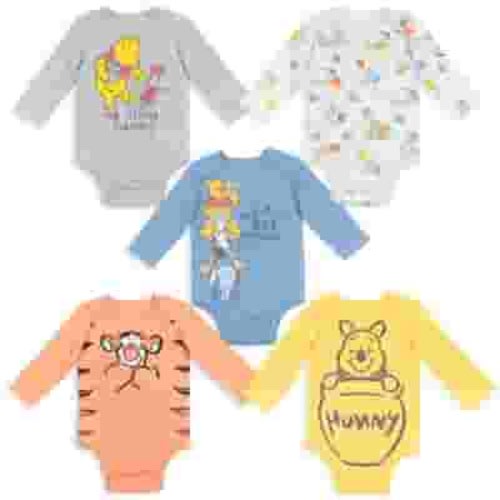 Disney Winnie the Pooh Infant Boys 5 Pack Long Sleeve Onesie Outfits, Multicolored