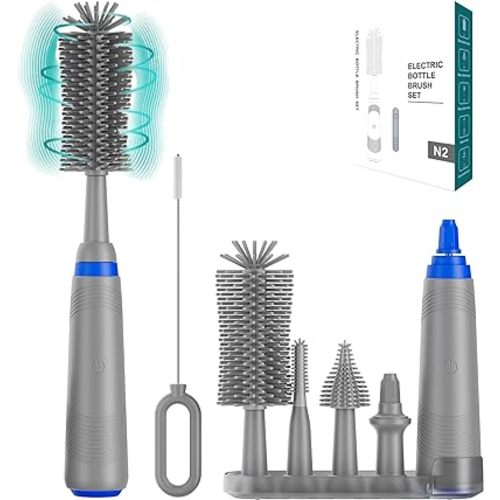 Electric Bottle Set with Water Bottle, Nipple Brush, Straw Brush, Extension Handle, Gift for Pregnant Women and New Moms (Leather Case + Shelf + Gray)