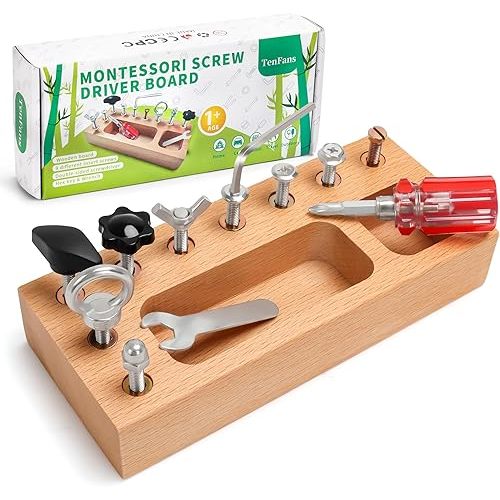 Montessori Busy Board for Toddlers 1-3 Years, Wooden Screwdriver Activity Board, Fine Motor Skills & Sensory Development Toy, Preschool Learning & Travel