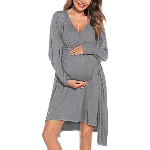 SWOMOG Women Maternity Nursing Gown and Robe Set 3 in 1 Labor Delivery Nursing Nightgown for Breastfeeding Hospital Bathrobe