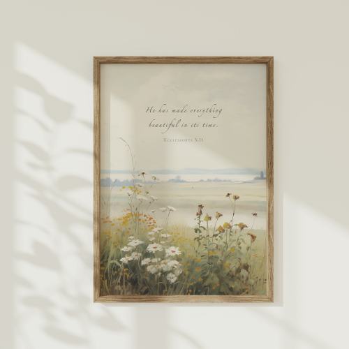 Ecclesiastes 3:11 Wildflower Wall Art, Farmhouse Floral Wall Art, Vintage Landscape Scripture Printable, Christian Home Decor, Faith Gift