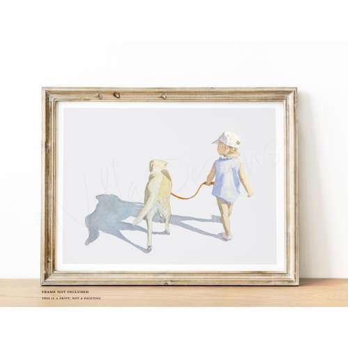 Fine Art Print, Original watercolor, little girl and dog, best friends, horizontal wall art, coastal grandmother, grandmillenial, animal art