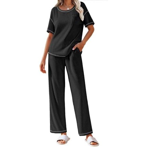 Ekouaer Women Waffle Knit Lounge Sets Short Sleeve Top and Long Pant Pajama Set Loungewear 2 Piece Pjs Set with Pockets