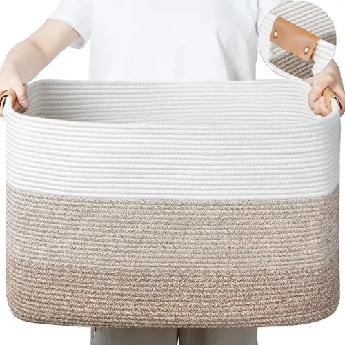 danpinera Large Blanket Basket, Rectangle Toy Storage Basket for Living Room, Nursery & Laundry, Large Cotton Rope Basket with Leather Handle, 22’’*17’’*11.8’’, 72L, Gradient Brown