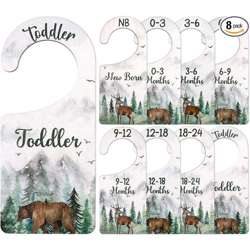 Baby Closet Dividers 8PCS, Mountain/Forest/Adventure Theme Wooden Double-Sided Clothes Size Hanger Organizer from Newborn to Toddler for Nursery Decor Baby Shower Birthday Gift