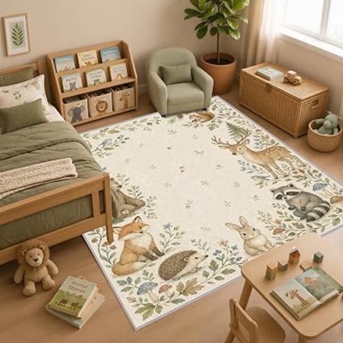 Woodland Animal Nursery Rug 5x6, Washable Kids Room Rug with Forest Friends Border Design, Soft Low Pile Non Slip Area Rug for Baby Room Playroom Bedroom Decor