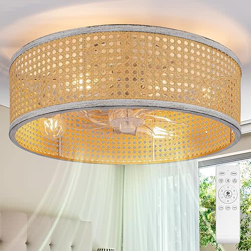20" Boho Rattan Fandelier, Flush Mount Caged Ceiling Fan with Light & Remote Control, Drum Shade, 6 Speed/Timer/3 CCT//Bladeless/Quiet Motor/Low Profile, for Bedroom Living Room Kitchen
