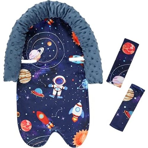 Baby Head Support and Strap Cover for Car Seat, Mink Infant Carseat Headrest for Boys, Newborn Car Seat Insert Cushion for Strollers, Space