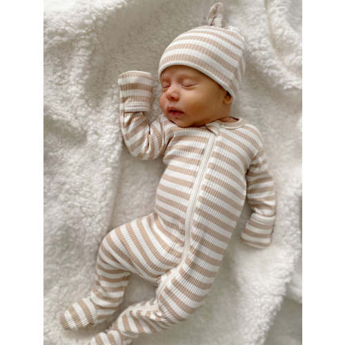 Tan Stripe / Organic Ribbed Zip Footie