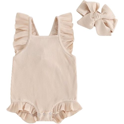 Infant Baby Girl Summer Clothes Flying Sleeve Solid Color Ruffle Romper with Headband Bodysuit Outfits - A Khaki - 6-9 Months
